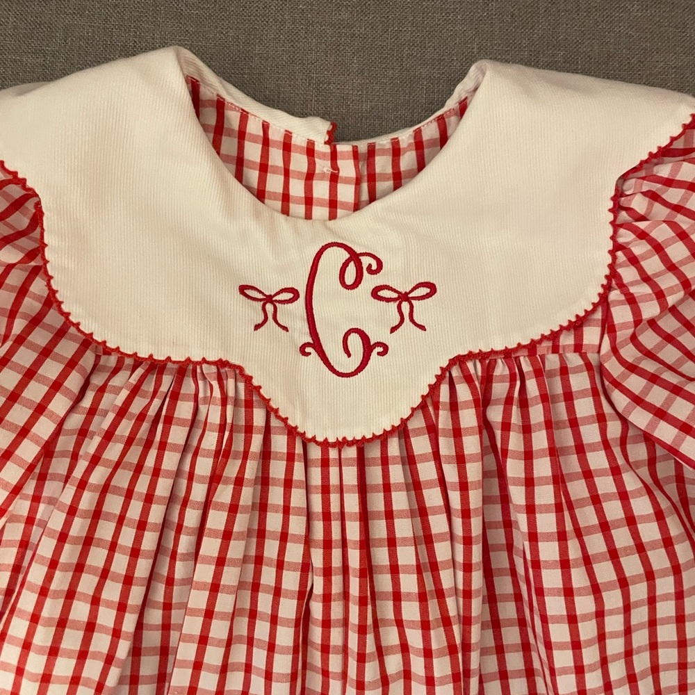 Red and White Gingham Outfit with Monogram